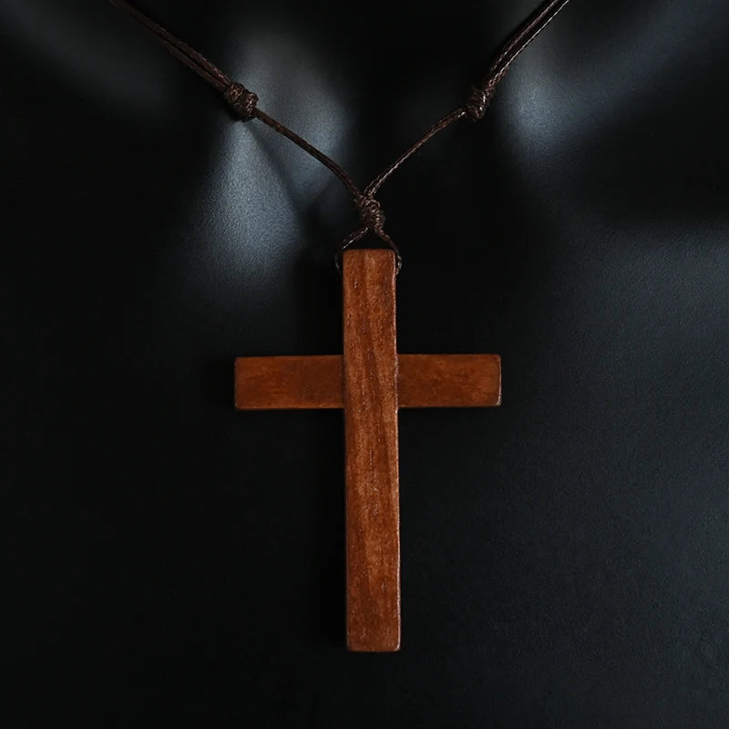 Handcrafted Wooden Cross Necklace – Adjustable Catholic Pendant for Men & Women (Retro Faith Jewelry)