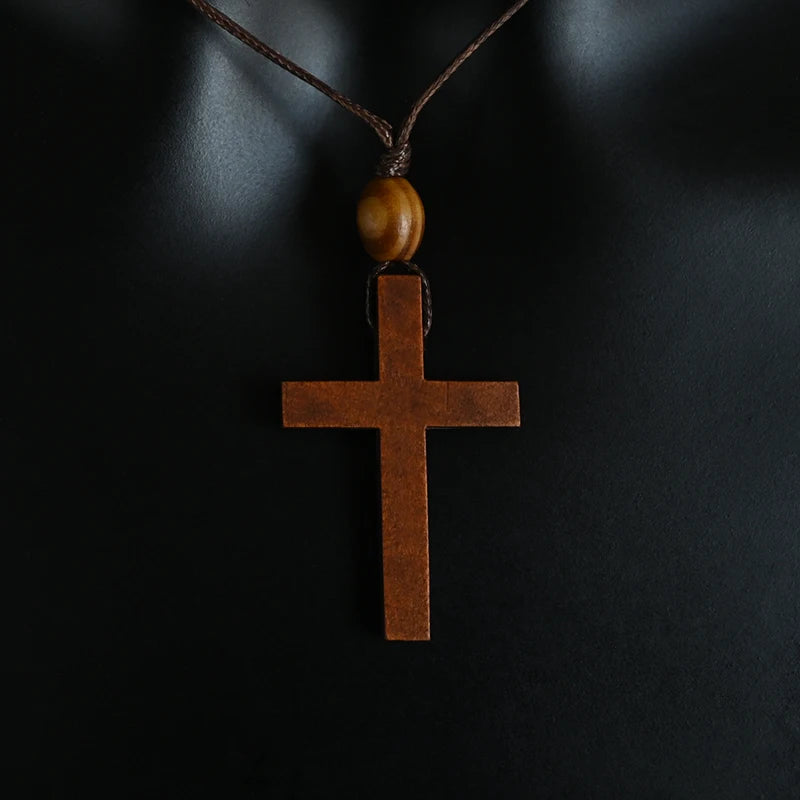 Handcrafted Wooden Cross Necklace – Adjustable Catholic Pendant for Men & Women (Retro Faith Jewelry)