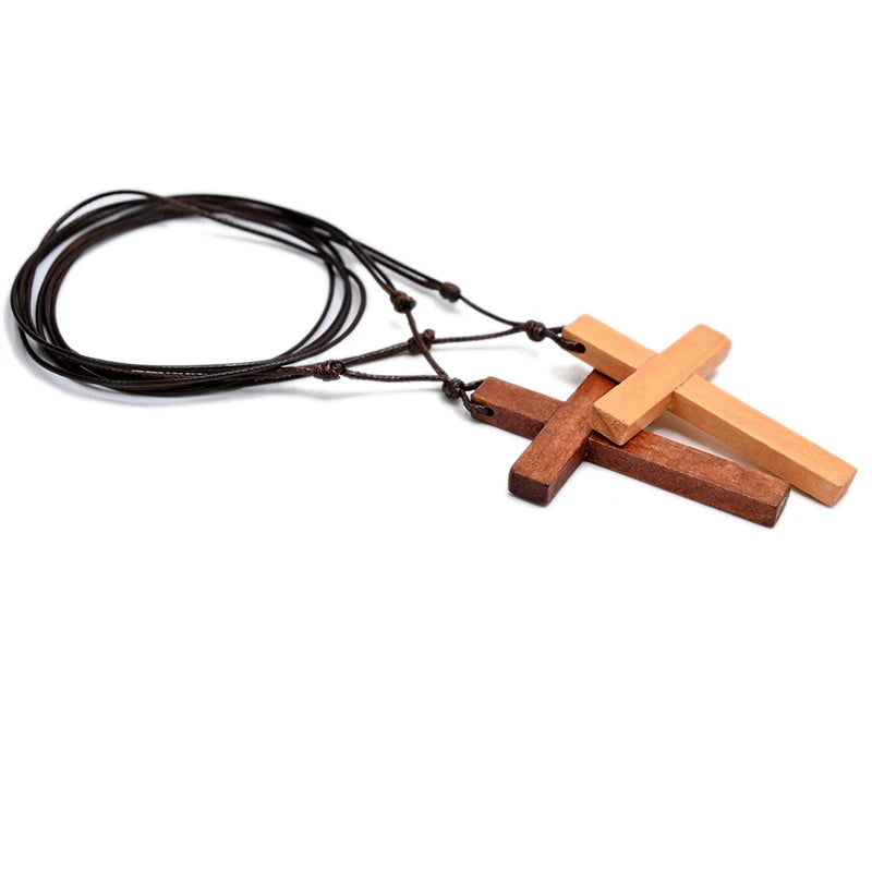 Handcrafted Wooden Cross Necklace – Adjustable Catholic Pendant for Men & Women (Retro Faith Jewelry)
