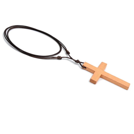 Handcrafted Wooden Cross Necklace – Adjustable Catholic Pendant for Men & Women (Retro Faith Jewelry)