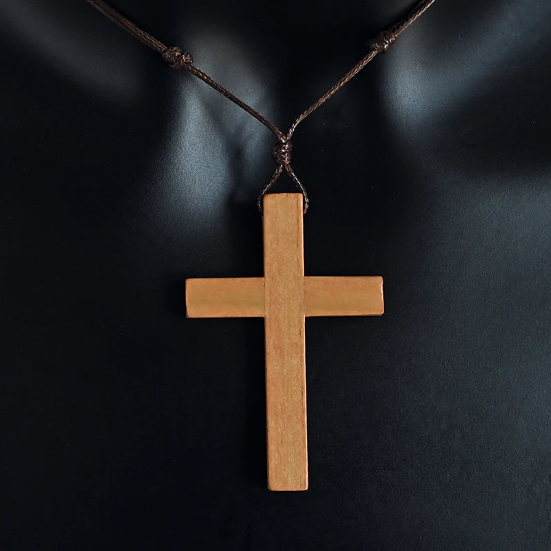Handcrafted Wooden Cross Necklace – Adjustable Catholic Pendant for Men & Women (Retro Faith Jewelry)