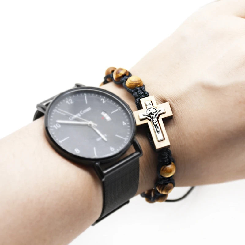 Handcrafted Wooden Cross Bracelet – Adjustable Christian Jewelry for Women