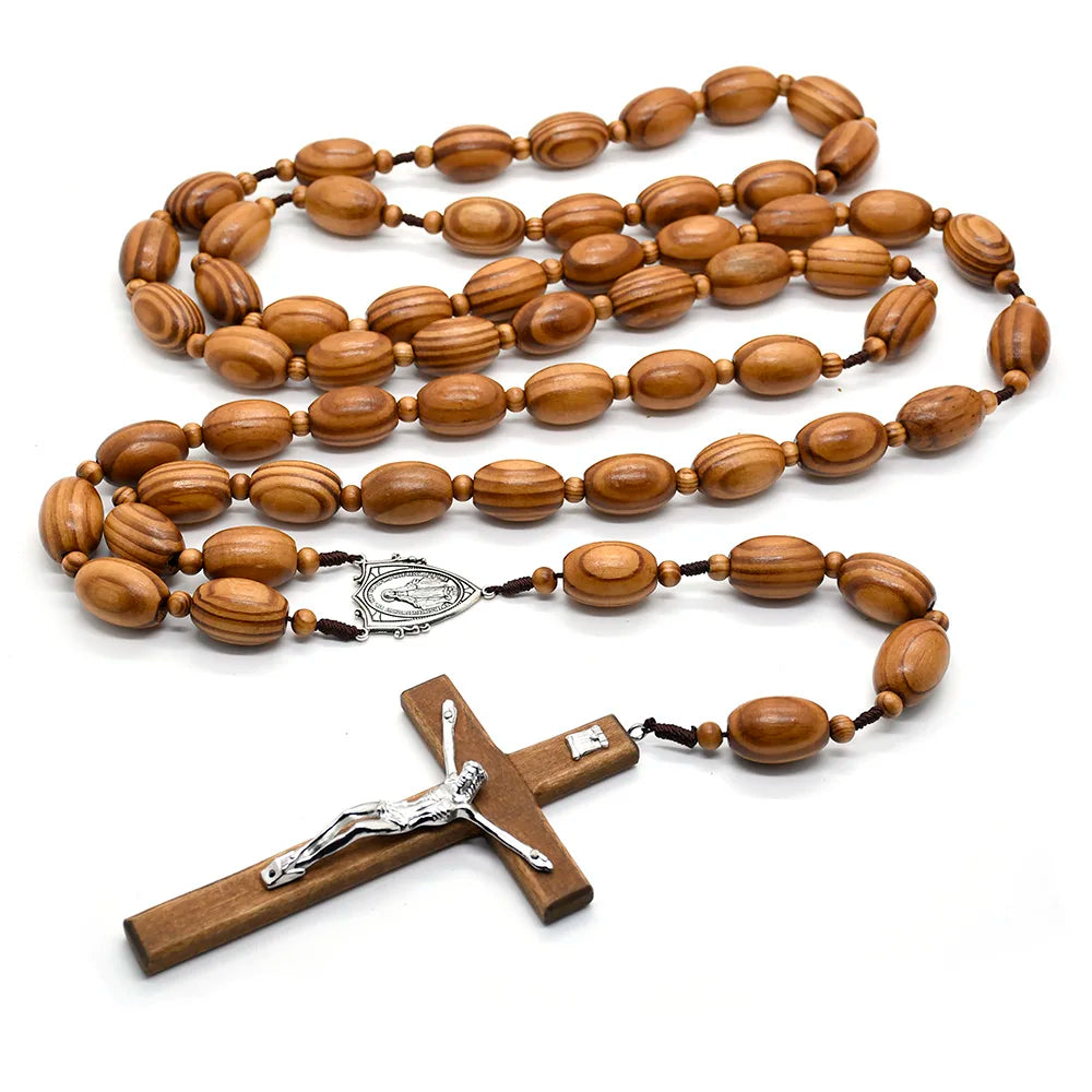 QIGO Large Wooden Wall Rosary Necklace – Long Cross Pendant with Beads (Catholic Religious Jewelry Décor)