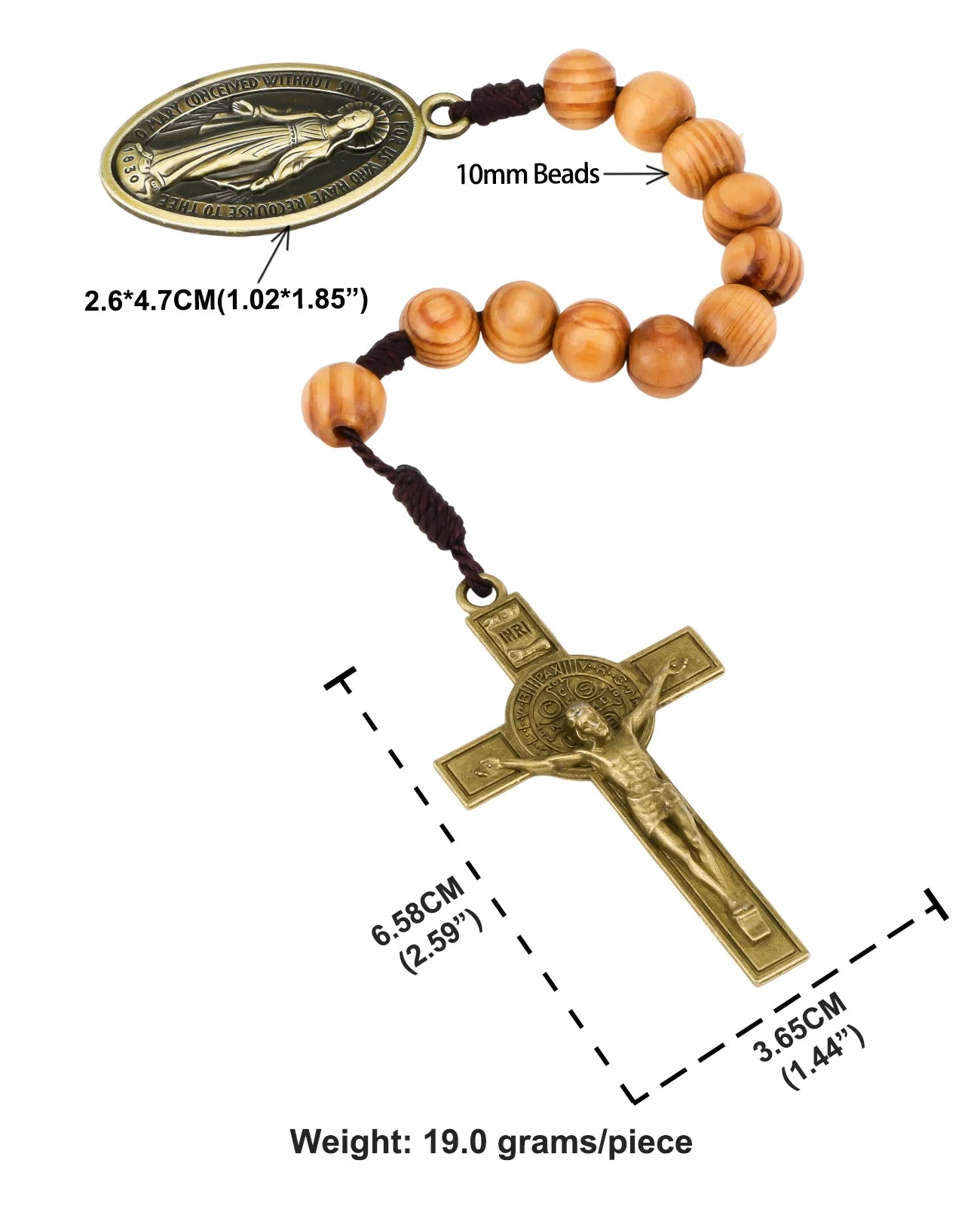 Wooden One-Decade Pocket Rosary – Crucifix & Our Lady Medalla Milagrosa Charm (Exorcism Cross Prayer Beads)