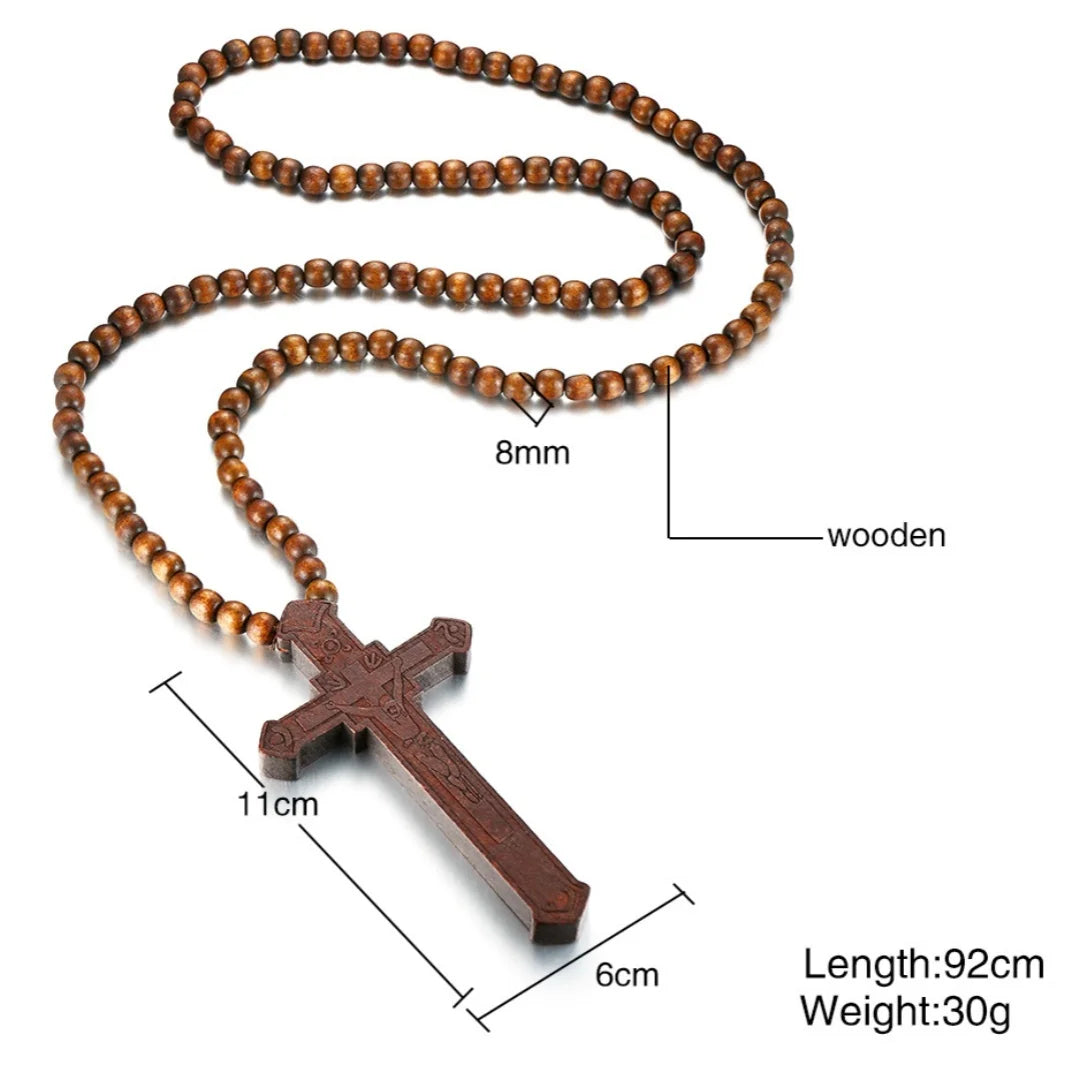 Large Wooden Rosary Necklace – Jesus Cross Pendant with Beads (Christian Jewelry Gift for Men & Women)