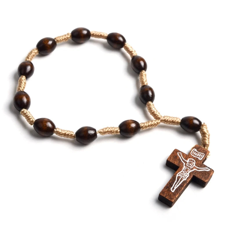 Catholic Wooden Rosary Finger Bracelet – Mini Cross Beads for Baptism, Communion & Gifts