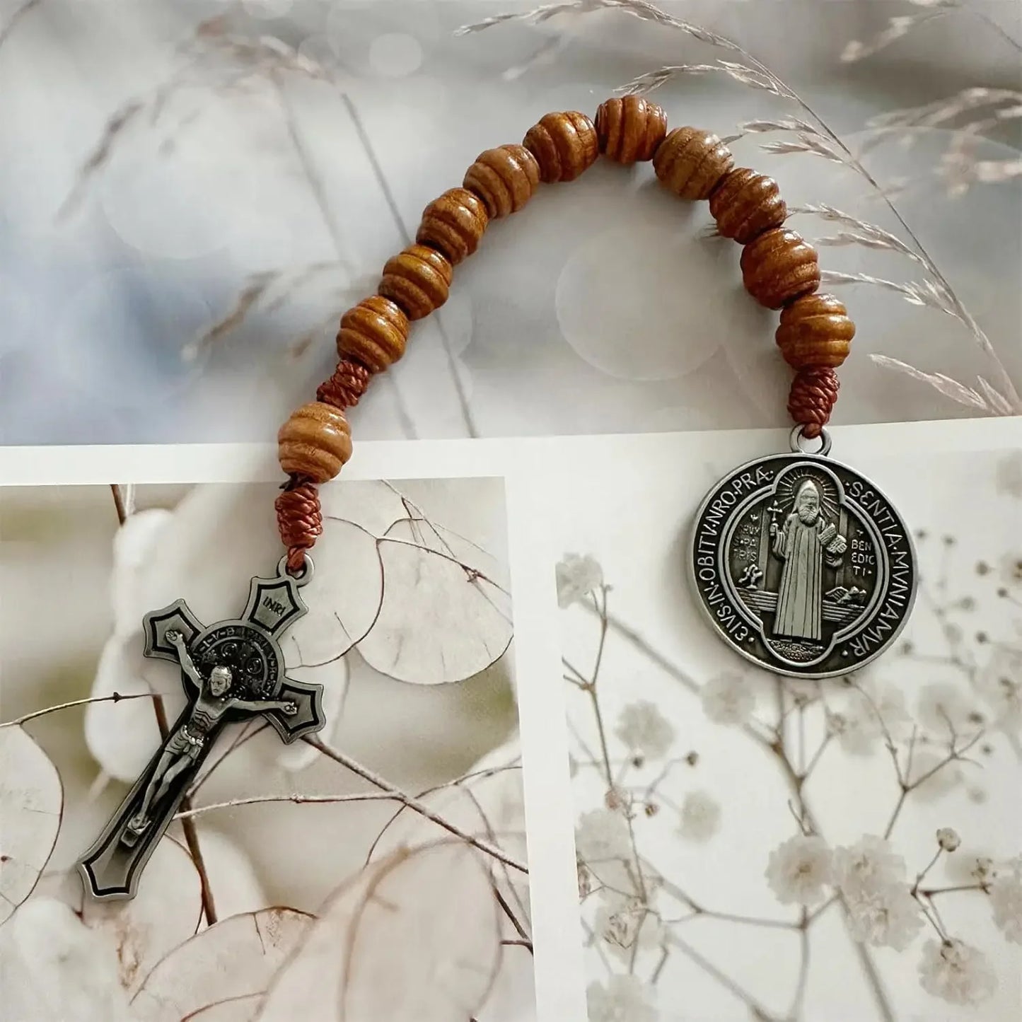Saint Benedict Wooden Rosary Necklace – 9-Inch Pocket Prayer Beads with Crucifix & Medalla de San Benito