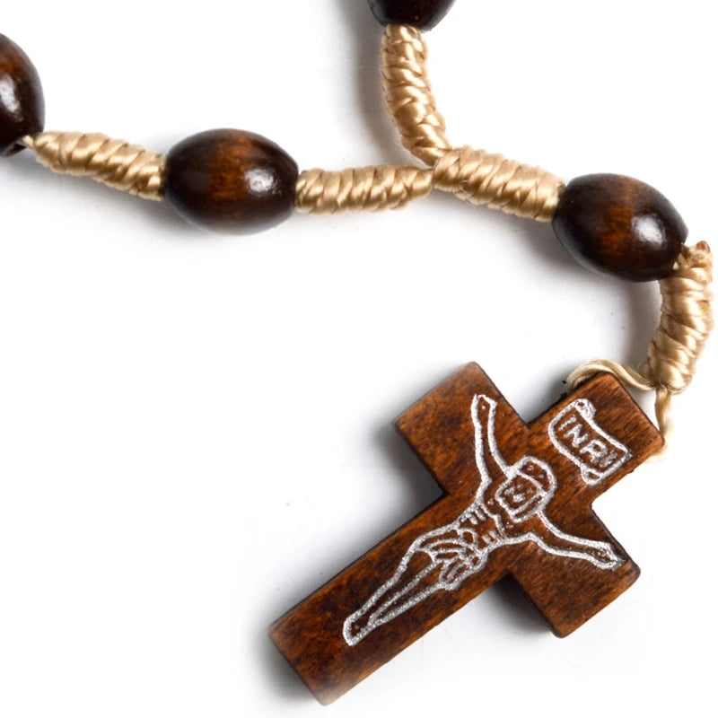 Catholic Wooden Rosary Finger Bracelet – Mini Cross Beads for Baptism, Communion & Gifts