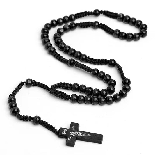 Catholic Wooden Rosary Necklace – Crucifix Cross Pendant on Braided Rope Chain (Men & Women Prayer Jewelry)