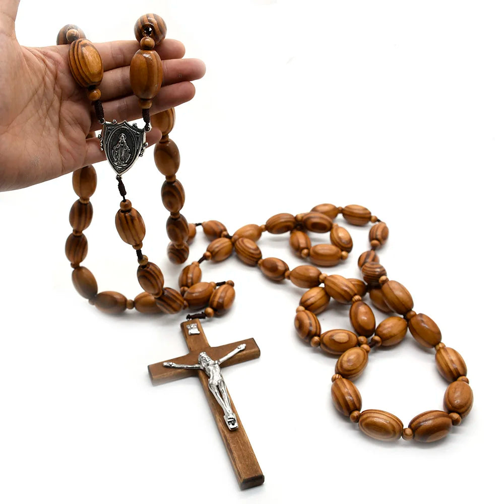 QIGO Large Wooden Wall Rosary Necklace – Long Cross Pendant with Beads (Catholic Religious Jewelry Décor)