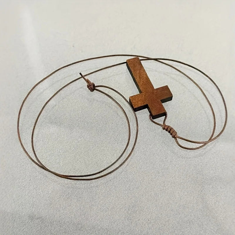 Vintage Wooden Cross Pendant Necklace – Christian Faith Jewelry for Couples & Holiday Gifts