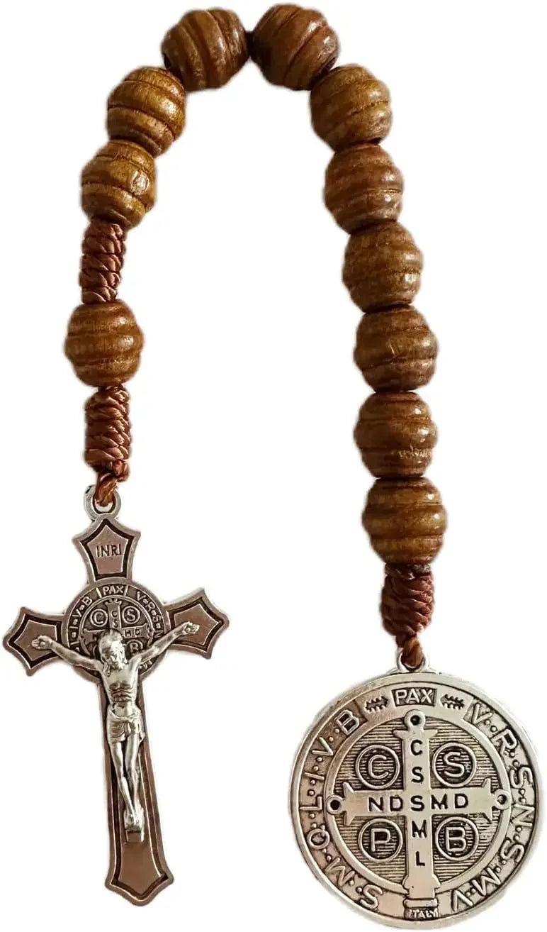 Saint Benedict Wooden Rosary Necklace – 9-Inch Pocket Prayer Beads with Crucifix & Medalla de San Benito