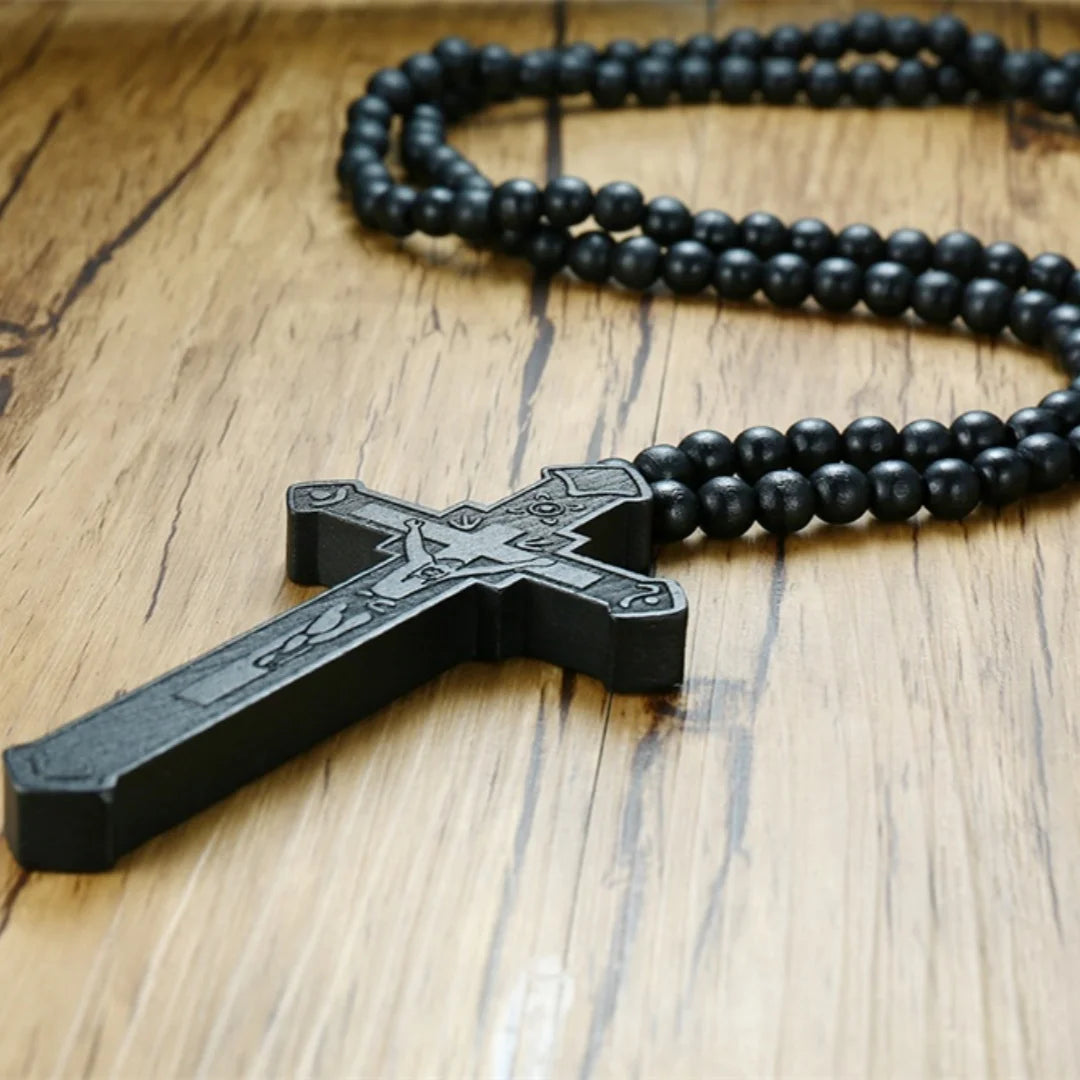 Large Wooden Rosary Necklace – Jesus Cross Pendant with Beads (Christian Jewelry Gift for Men & Women)