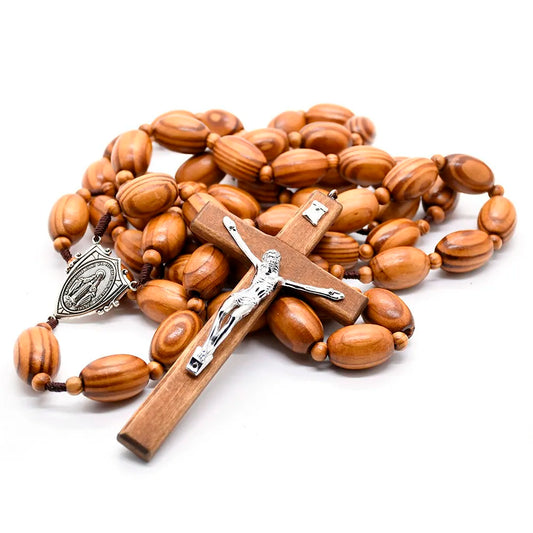 QIGO Large Wooden Wall Rosary Necklace – Long Cross Pendant with Beads (Catholic Religious Jewelry Décor)