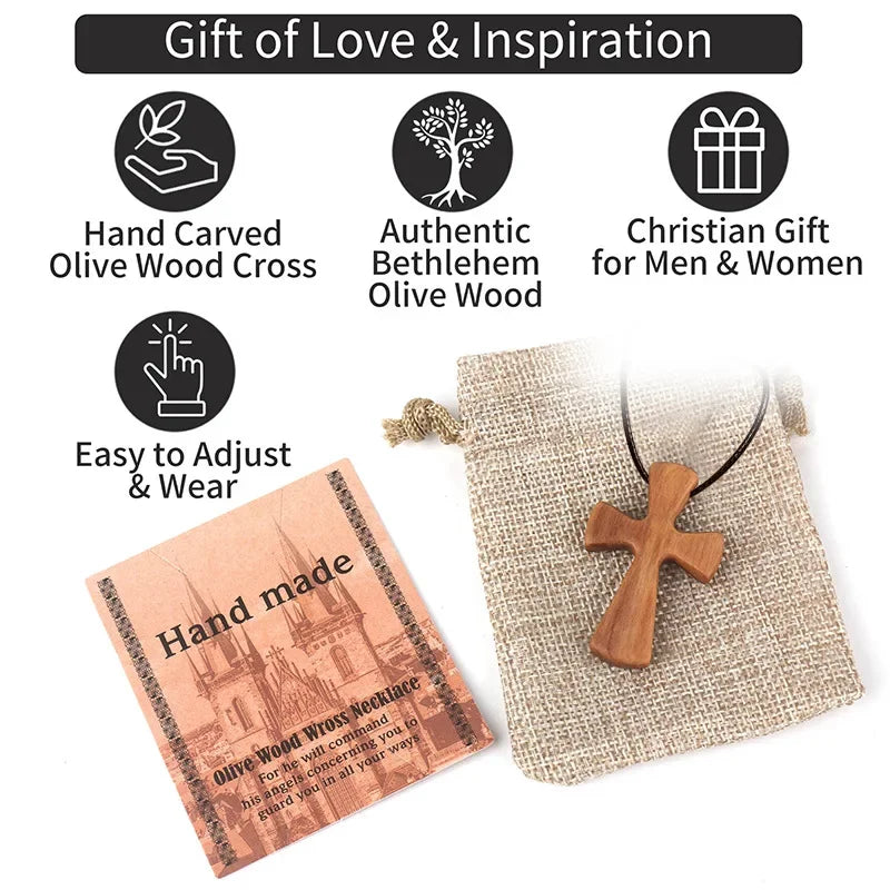 Handmade Olive Wood Cross Pendant – Men’s Catholic Prayer Necklace & Religious Gift