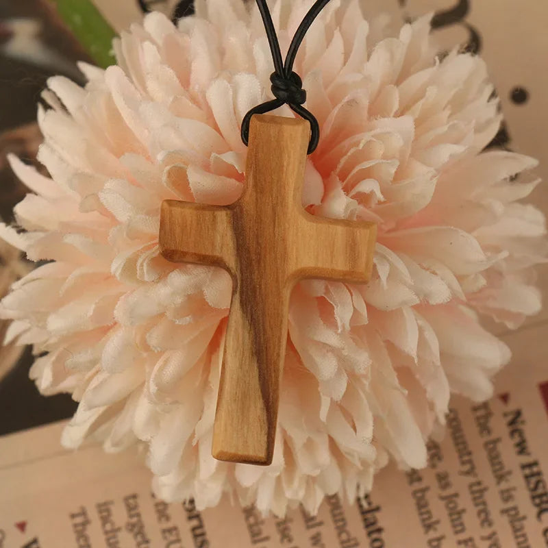 Handmade Olive Wood Cross Pendant – Men’s Catholic Prayer Necklace & Religious Gift