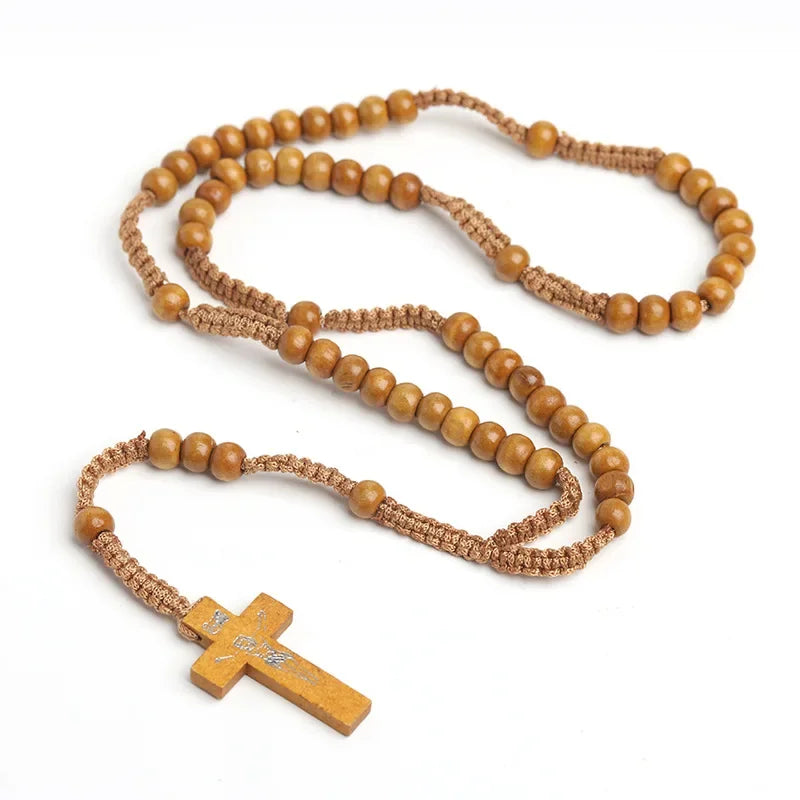 Catholic Wooden Rosary Necklace – Crucifix Cross Pendant on Braided Rope Chain (Men & Women Prayer Jewelry)