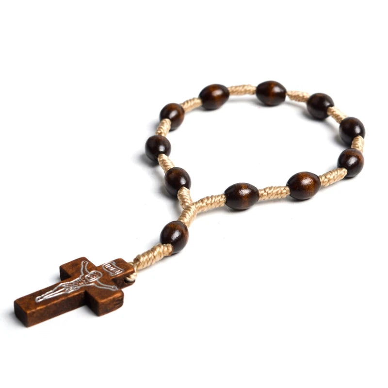 Catholic Wooden Rosary Finger Bracelet – Mini Cross Beads for Baptism, Communion & Gifts
