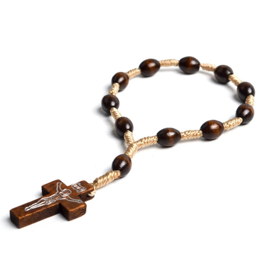 Catholic Wooden Rosary Finger Bracelet – Mini Cross Beads for Baptism, Communion & Gifts