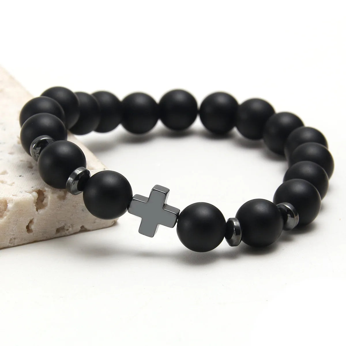 Men’s Wooden Cross Rosary Bracelet – Frosted Stone & Beaded Christian Faith Jewelry