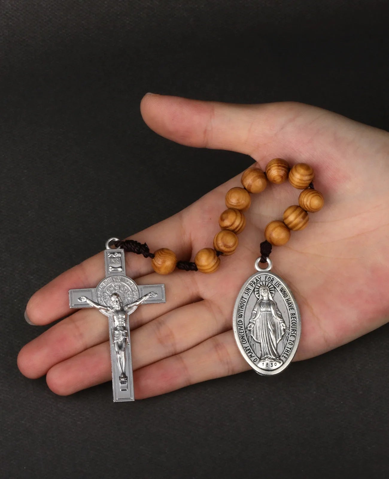 Wooden One-Decade Pocket Rosary – Crucifix & Our Lady Medalla Milagrosa Charm (Exorcism Cross Prayer Beads)