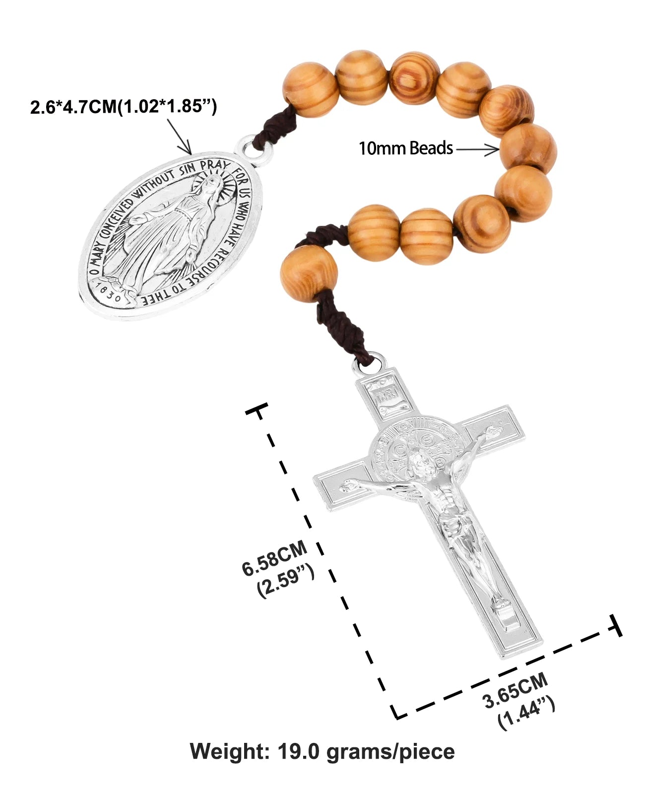 Wooden One-Decade Pocket Rosary – Crucifix & Our Lady Medalla Milagrosa Charm (Exorcism Cross Prayer Beads)