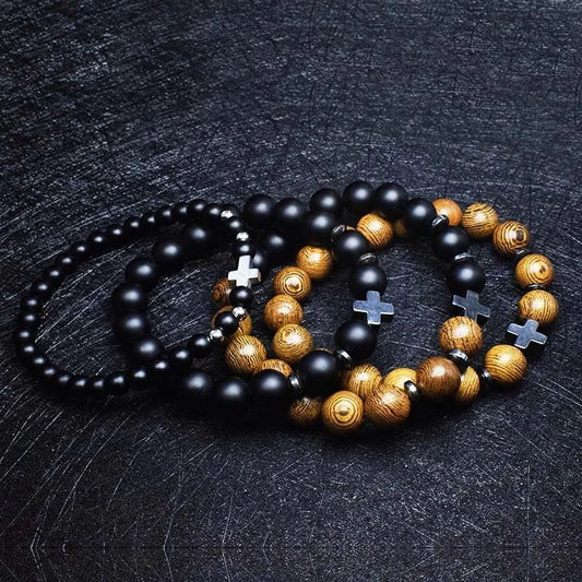 Men’s Wooden Cross Rosary Bracelet – Frosted Stone & Beaded Christian Faith Jewelry