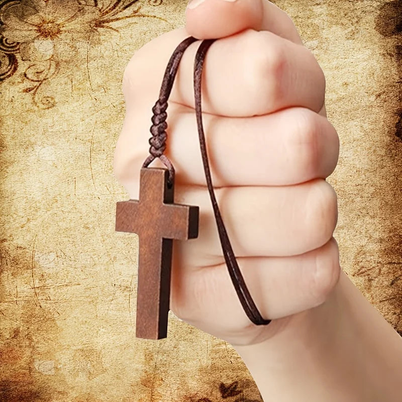 Vintage Wooden Cross Pendant Necklace – Christian Faith Jewelry for Couples & Holiday Gifts
