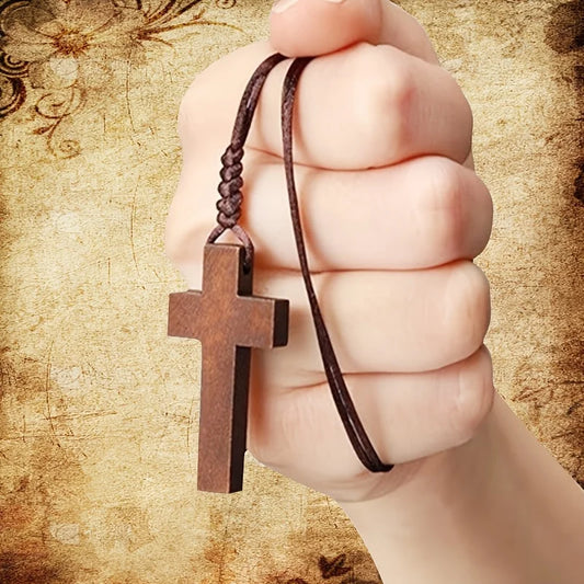 Vintage Wooden Cross Pendant Necklace – Christian Faith Jewelry for Couples & Holiday Gifts