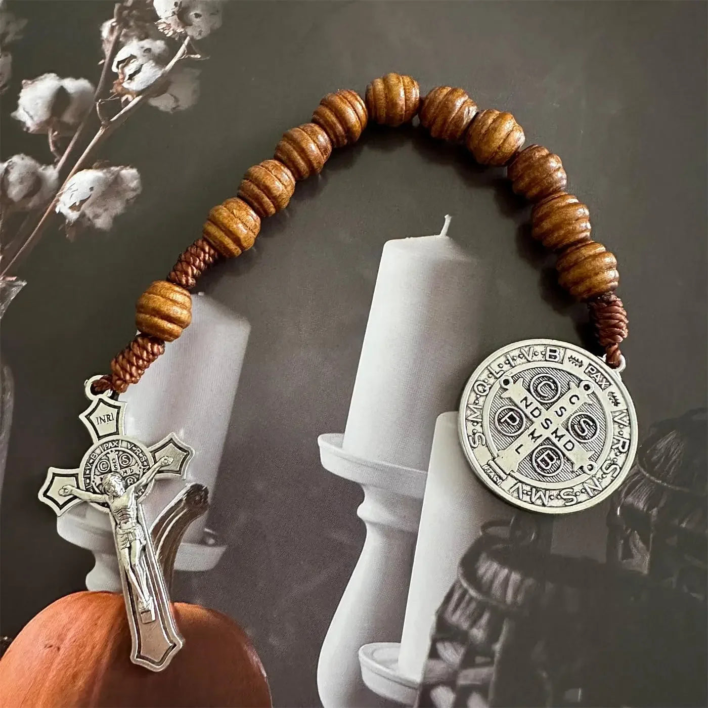 Saint Benedict Wooden Rosary Necklace – 9-Inch Pocket Prayer Beads with Crucifix & Medalla de San Benito