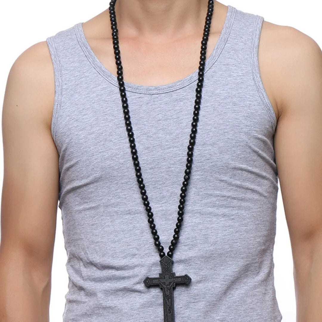 Large Wooden Rosary Necklace – Jesus Cross Pendant with Beads (Christian Jewelry Gift for Men & Women)