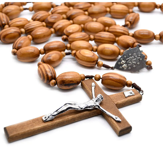 QIGO Large Wooden Wall Rosary Necklace – Long Cross Pendant with Beads (Catholic Religious Jewelry Décor)