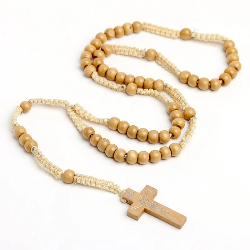 Catholic Wooden Rosary Necklace – Crucifix Cross Pendant on Braided Rope Chain (Men & Women Prayer Jewelry)