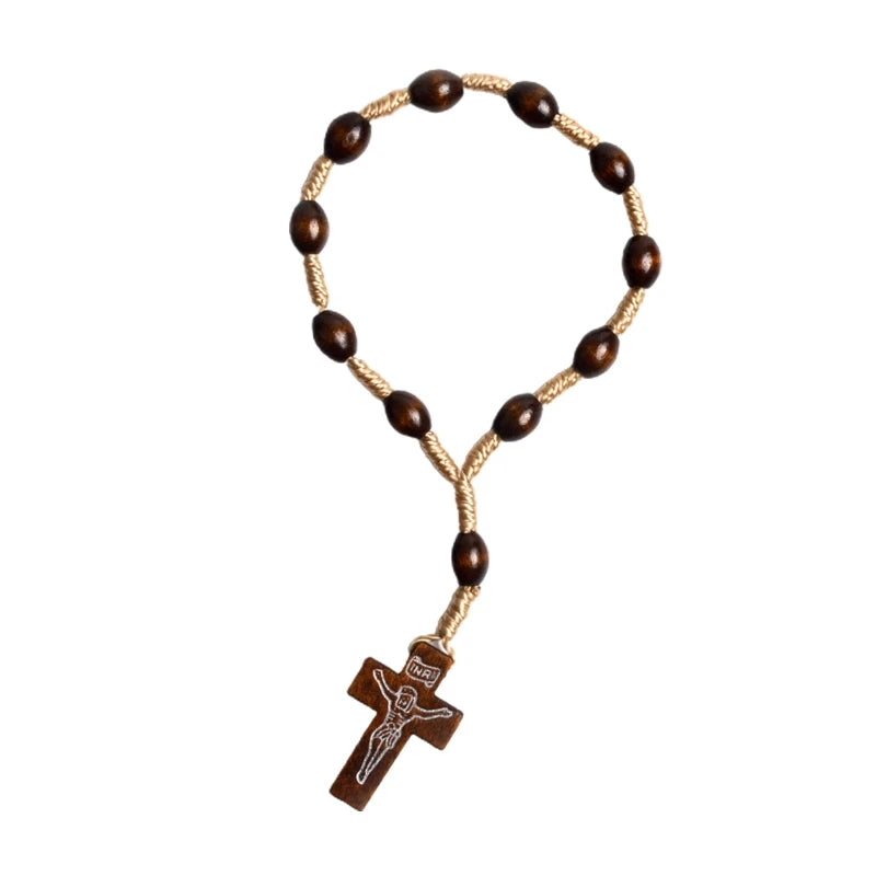Catholic Wooden Rosary Finger Bracelet – Mini Cross Beads for Baptism, Communion & Gifts
