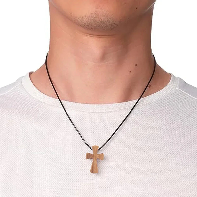 Handmade Olive Wood Cross Pendant – Men’s Catholic Prayer Necklace & Religious Gift