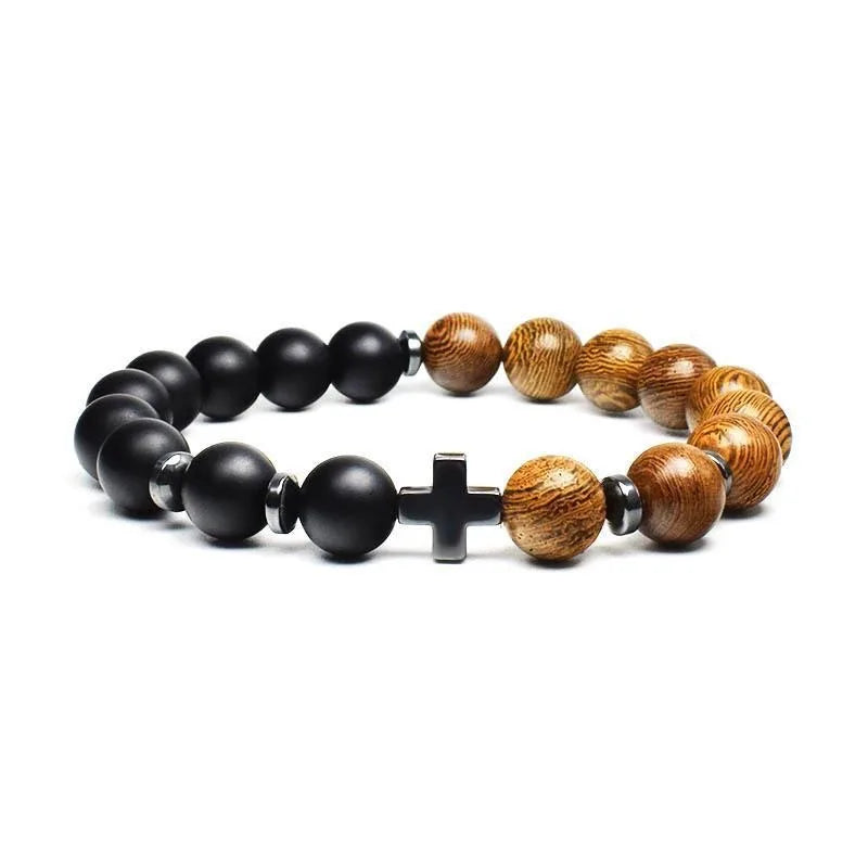 Men’s Wooden Cross Rosary Bracelet – Frosted Stone & Beaded Christian Faith Jewelry
