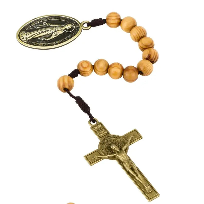 Wooden One-Decade Pocket Rosary – Crucifix & Our Lady Medalla Milagrosa Charm (Exorcism Cross Prayer Beads)