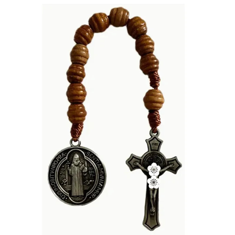 Saint Benedict Wooden Rosary Necklace – 9-Inch Pocket Prayer Beads with Crucifix & Medalla de San Benito