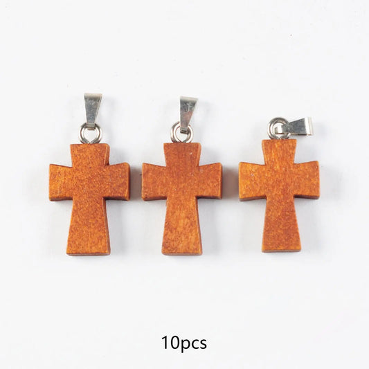 10x Mini Wooden Cross Pendants – DIY Christian Jewelry Charms & Craft Supplies