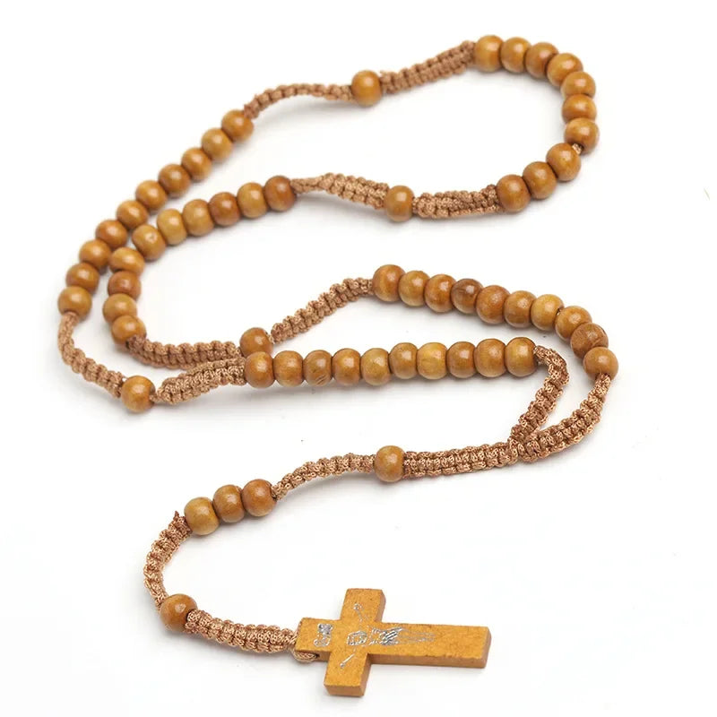 Catholic Wooden Rosary Necklace – Crucifix Cross Pendant on Braided Rope Chain (Men & Women Prayer Jewelry)