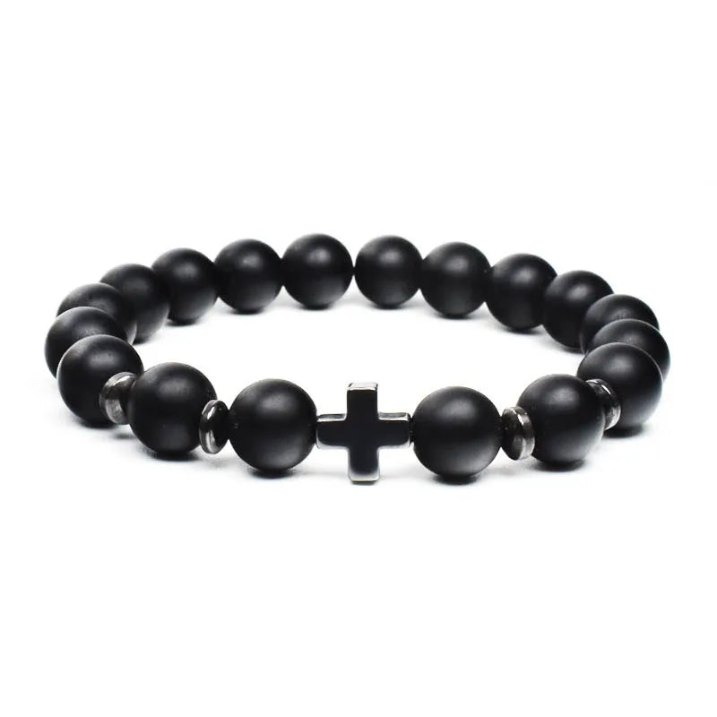 Men’s Wooden Cross Rosary Bracelet – Frosted Stone & Beaded Christian Faith Jewelry