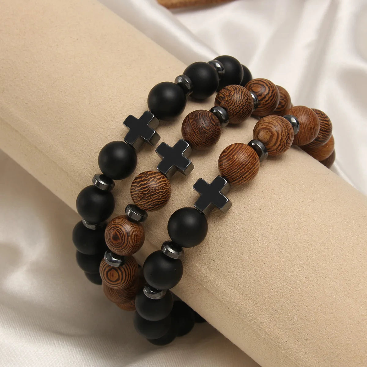 Men’s Wooden Cross Rosary Bracelet – Frosted Stone & Beaded Christian Faith Jewelry