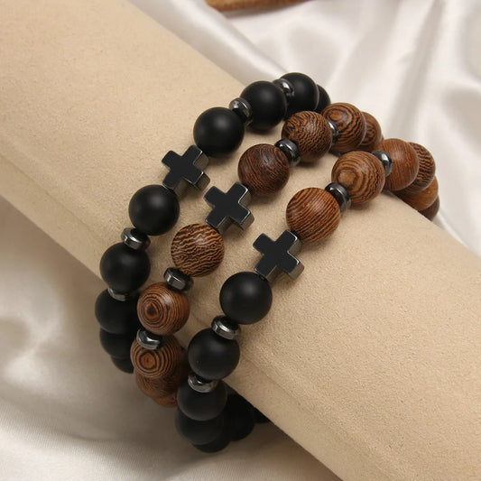 Men’s Wooden Cross Rosary Bracelet – Frosted Stone & Beaded Christian Faith Jewelry