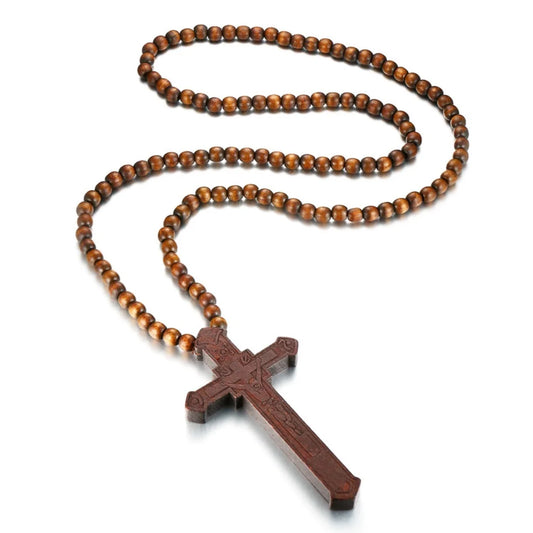 Large Wooden Rosary Necklace – Jesus Cross Pendant with Beads (Christian Jewelry Gift for Men & Women)