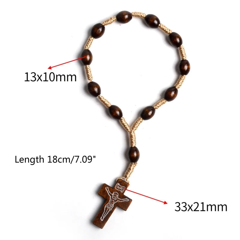Catholic Wooden Rosary Finger Bracelet – Mini Cross Beads for Baptism, Communion & Gifts