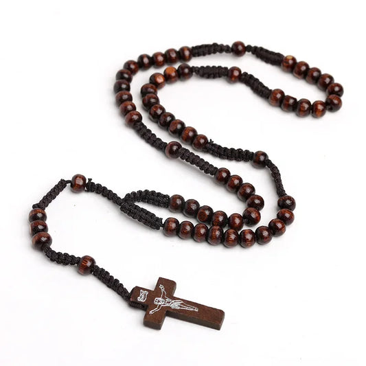 Catholic Wooden Rosary Necklace – Crucifix Cross Pendant on Braided Rope Chain (Men & Women Prayer Jewelry)