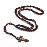 Catholic Wooden Rosary Necklace – Crucifix Cross Pendant on Braided Rope Chain (Men & Women Prayer Jewelry)