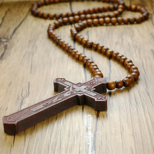 Large Wooden Rosary Necklace – Jesus Cross Pendant with Beads (Christian Jewelry Gift for Men & Women)