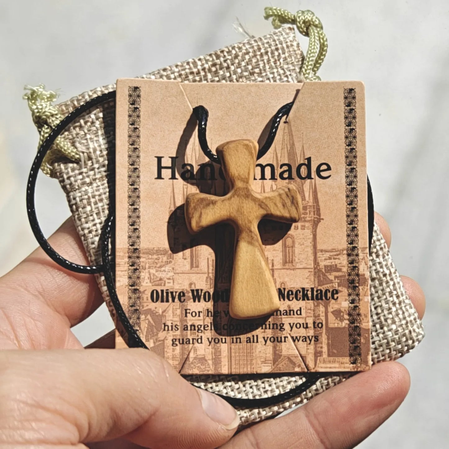 Vintage Olive Wood Cross Pendant – Handmade Jesus Talisman Necklace (Christian Faith Jewelry Gift)