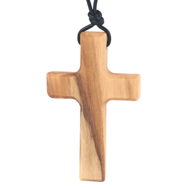 Handmade Olive Wood Cross Pendant – Men’s Catholic Prayer Necklace & Religious Gift